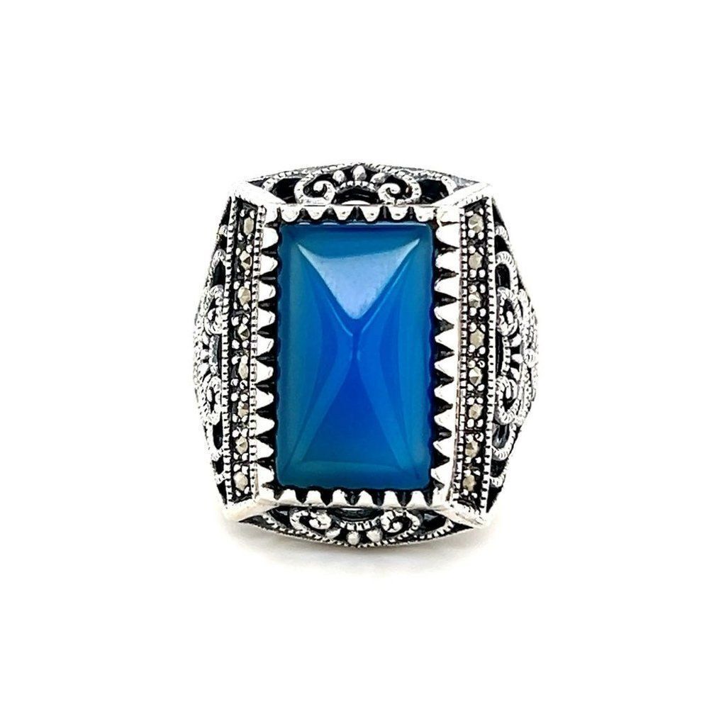 Large Sterling Silver 925‎ Blue Stone/Marcasite Ring